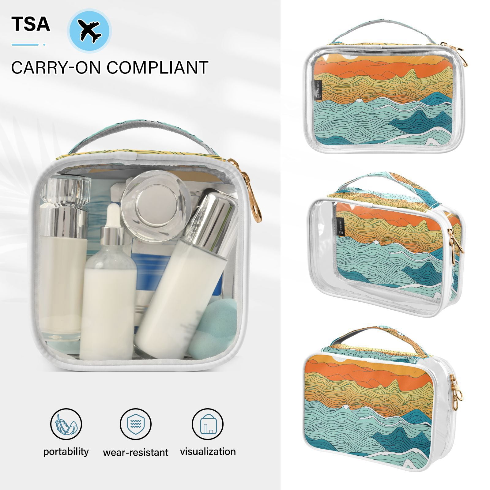 Clear Makeup Bags with Handle Large Opening 2 Pack Set Toiletry Bag Quart Size Bag, for Women Man Traveling Travel Essentials, Toiletries and Other. Hand Drawing Wave Sea