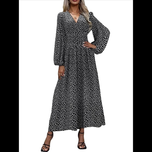 Vestido Holgado Informal con Escote en V, Corte A, Larga y Abertura Alta para Mujer. Puntos de Dientes de M
