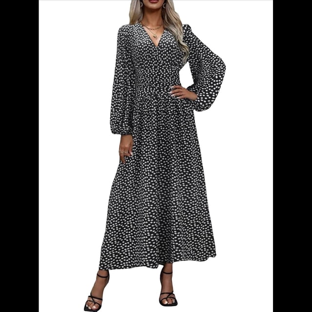 Vestido Holgado Informal con Escote en V, Corte A, Larga y Abertura Alta para Mujer. Puntos de Dientes de M