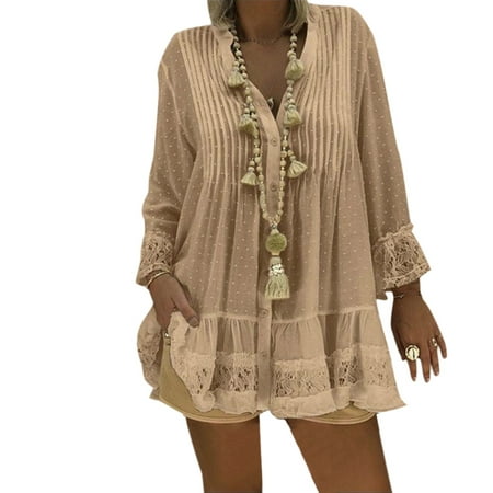 

TINYSOME Womens Spring Plus Size Long Sleeve Shirt Floral Lace Patchwork Solid Color Boho