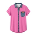 thumbnail image 5 of Miluxas Women's Denim Patchwork Button Down Blouse Short Sleeve Turn Down Collar Top with Pocket Casual Summer Shirts Hot Pink, 5 of 5