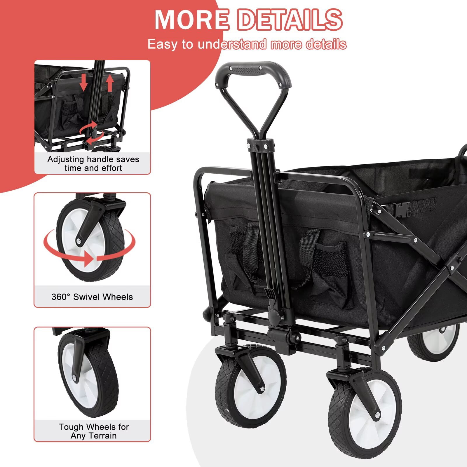 YRLLENSDAN,Beach Wagon with Big Wheels for Sand,Beach Carts for Sand,Grocery Cart on Wheels,Wagon Stroller,Foldable,Suitable for Outdoor Use,Black