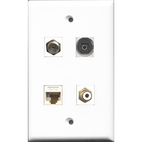 RiteAV 1 Port RCA White and 1 Port Coax Cable TV- F-Type and 1 Port Toslink and 1 Port Cat6 Ethernet White Wall Plate
