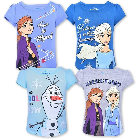 Disney Girl's 4 Pack Frozen Short Sleeve Tee Shirt Set, Blue/Grey/Purple, 6X