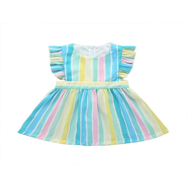 Bébé bébé Filles Été Volant Garniture Manches Coton Robe Strip Imprimer une Ligne Midi Habillé cqH