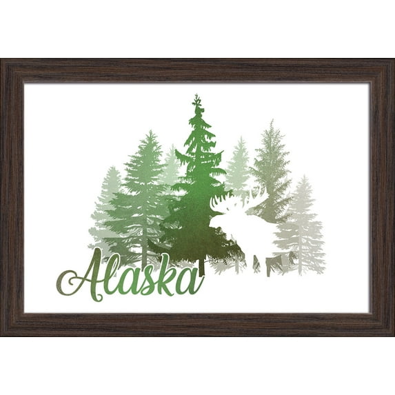 Alaska - Moose & Trees - Green Tones - Lantern Press Artwork (18x12 Giclee Art Print, Gallery Framed, Espresso Wood)