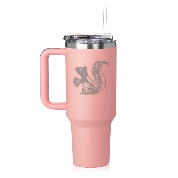40 oz Tumbler with Handle and Straw Lid Stainless Steel Insulated Travel Mug Cup Fancy Squirrel (Pink)