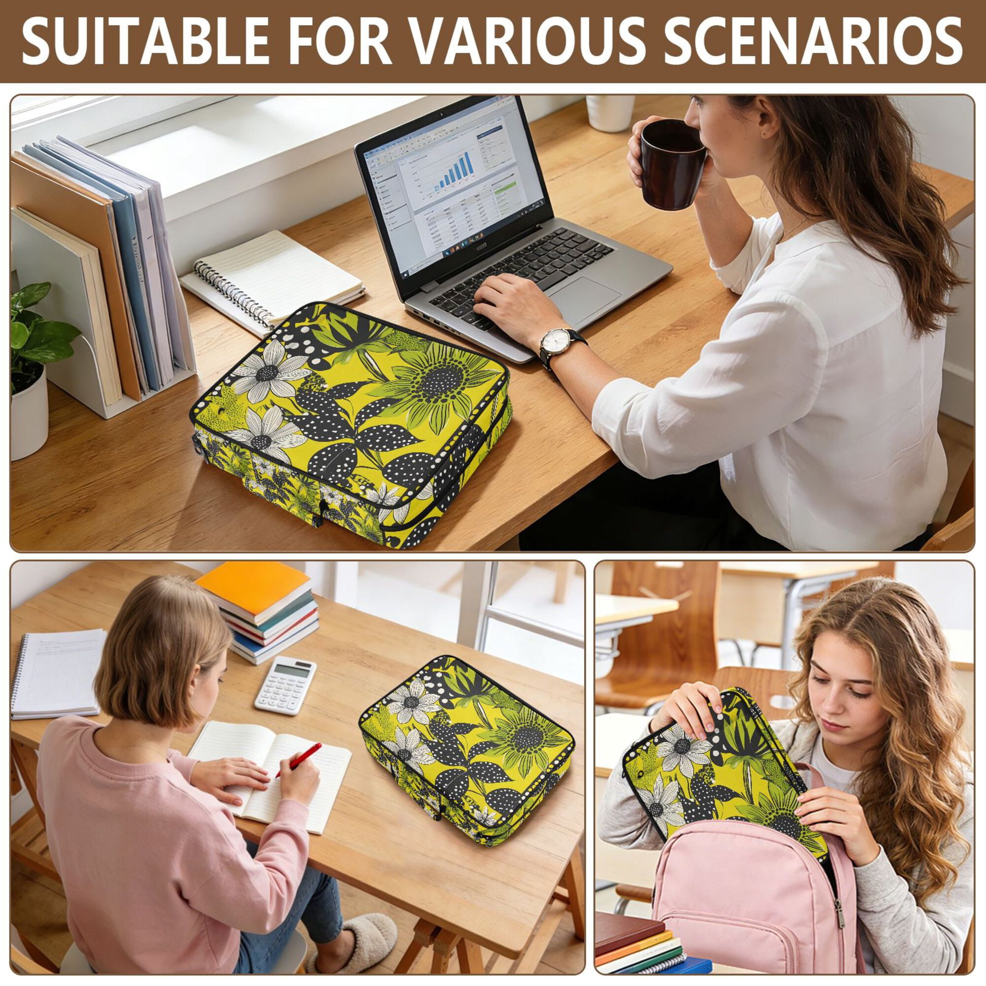 FORMRS Accordion File Folder A4 Size 7-Pocket Expanding Document Organizer Bag with 3 Ring Binder, Yellow Flowers