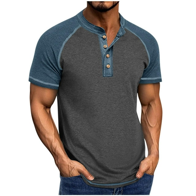 CHGBMOK Mens Shirts Solid Color Buttons Outdoors Breathable Short Sleeve Round Neck Collar Blouse Sizes S-2XL