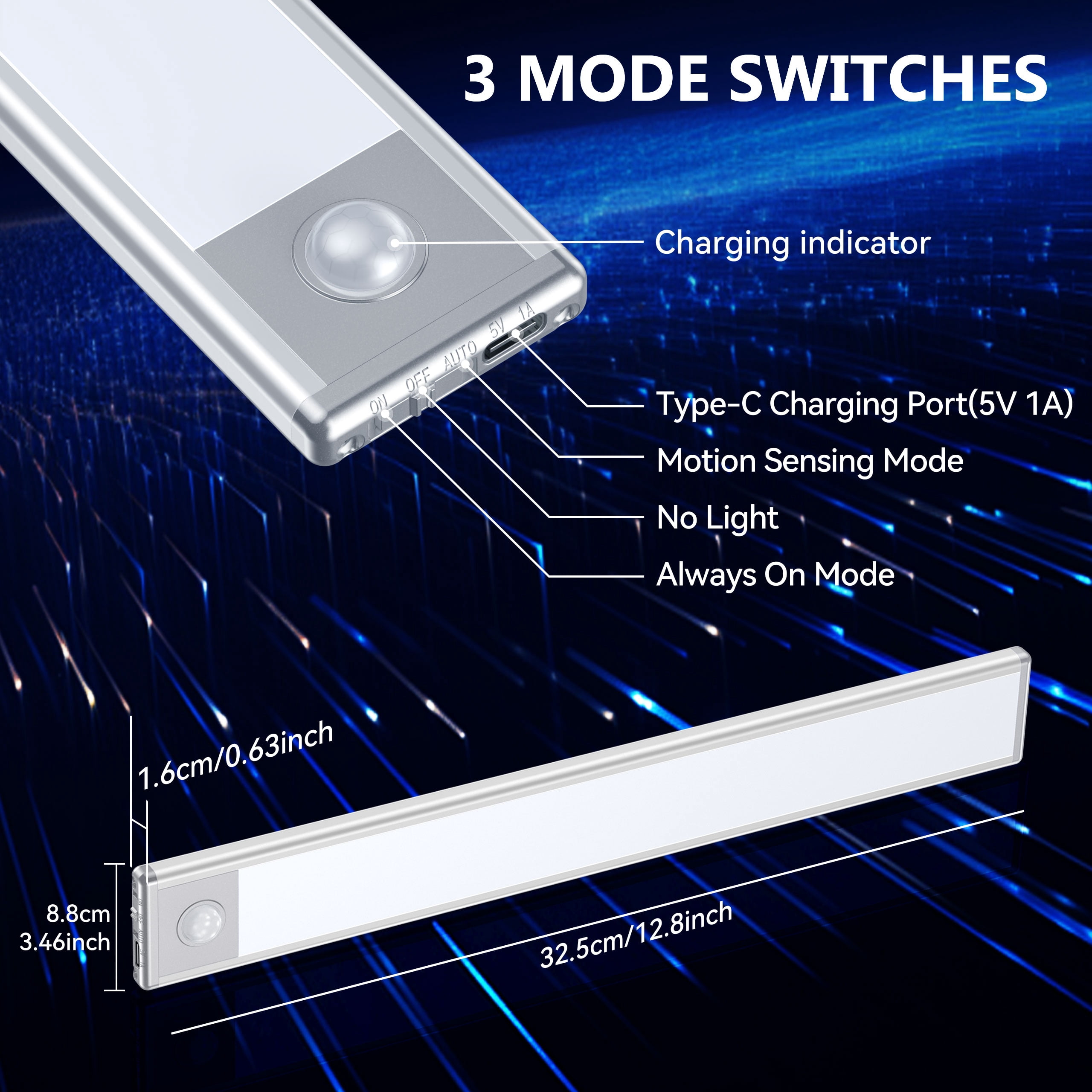 HMCITY  Under Cabinet Lights,LED Rechargeable Battery Operated Motion Sensor Light Indoor, 2 Pack Magnetic Dimmable Closet Lights, Wireless Under Counter Lights for Kitchen, Stairs