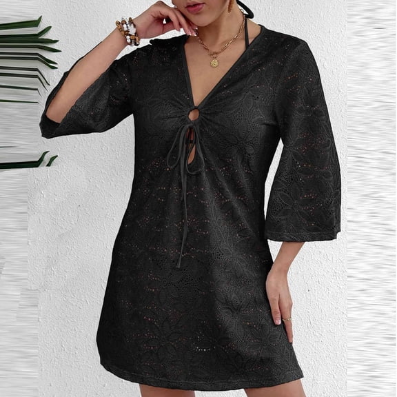 Warop Women's Summer Cover-up Dress, Sheer Deep V-Neck Long Sleeve Loose Fit Knit, Sun Protective for Beach and Vacation