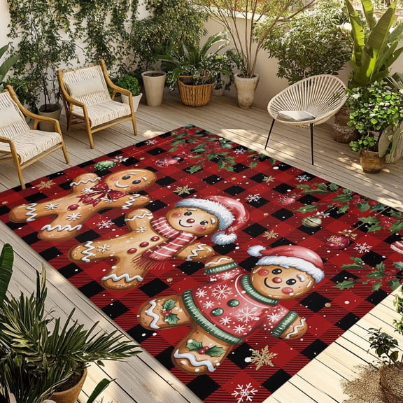 Fsddascl Red Plaid Christmas Gingerbread Outdoor Rug for Patio/Deck/Porch, Non-Slip Large Area Rug 4 x 6 Ft, Xmas Balls Snowflake Indoor Outdoor Rugs Washable Area Rugs, Camping Rug Carpet Runner