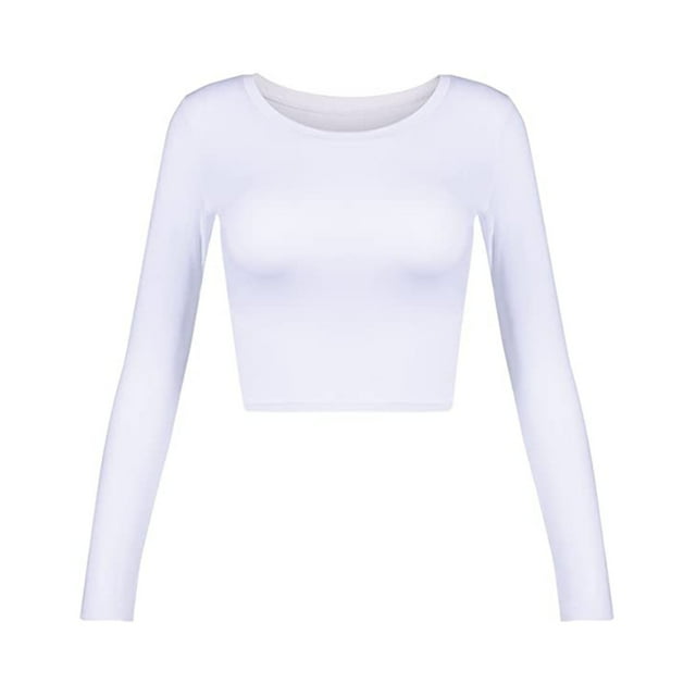 Chemises pour Femmes T-Shirts Manches Longues Hauts d'Entraînement Automne Aguichant Slim Col Rond Basique Court Mignon Tee-Shirts Blanc m