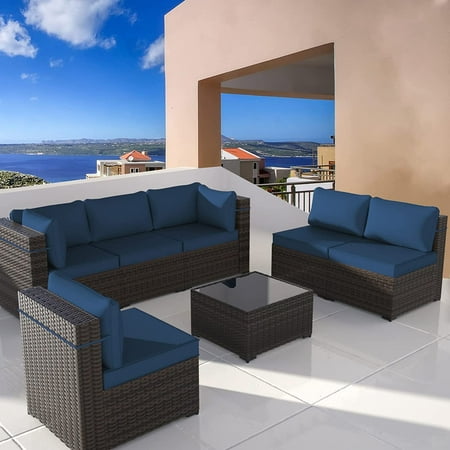 Gotland 7 Pieces Outdoor Patio Furniture Set PE Rattan Wicker Patio Sectional Sofa Conversation Set Navy Blue