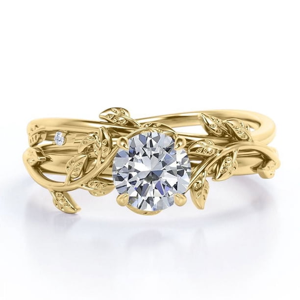 JeenMata Juego de Anillos de Boda de Diamantes Reales Redondos de Medio Quilate Juego de Anillos de Boda con Diamantes en Forma de Hoja y Enredadera: Oro Amarillo de 10 K