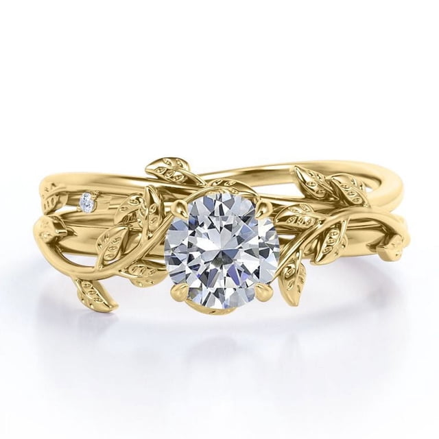 JeenMata Juego de Anillos de Boda de Diamantes Reales Redondos de Medio Quilate Juego de Anillos de Boda con Diamantes en Forma de Hoja y Enredadera: Oro Amarillo de 10 K