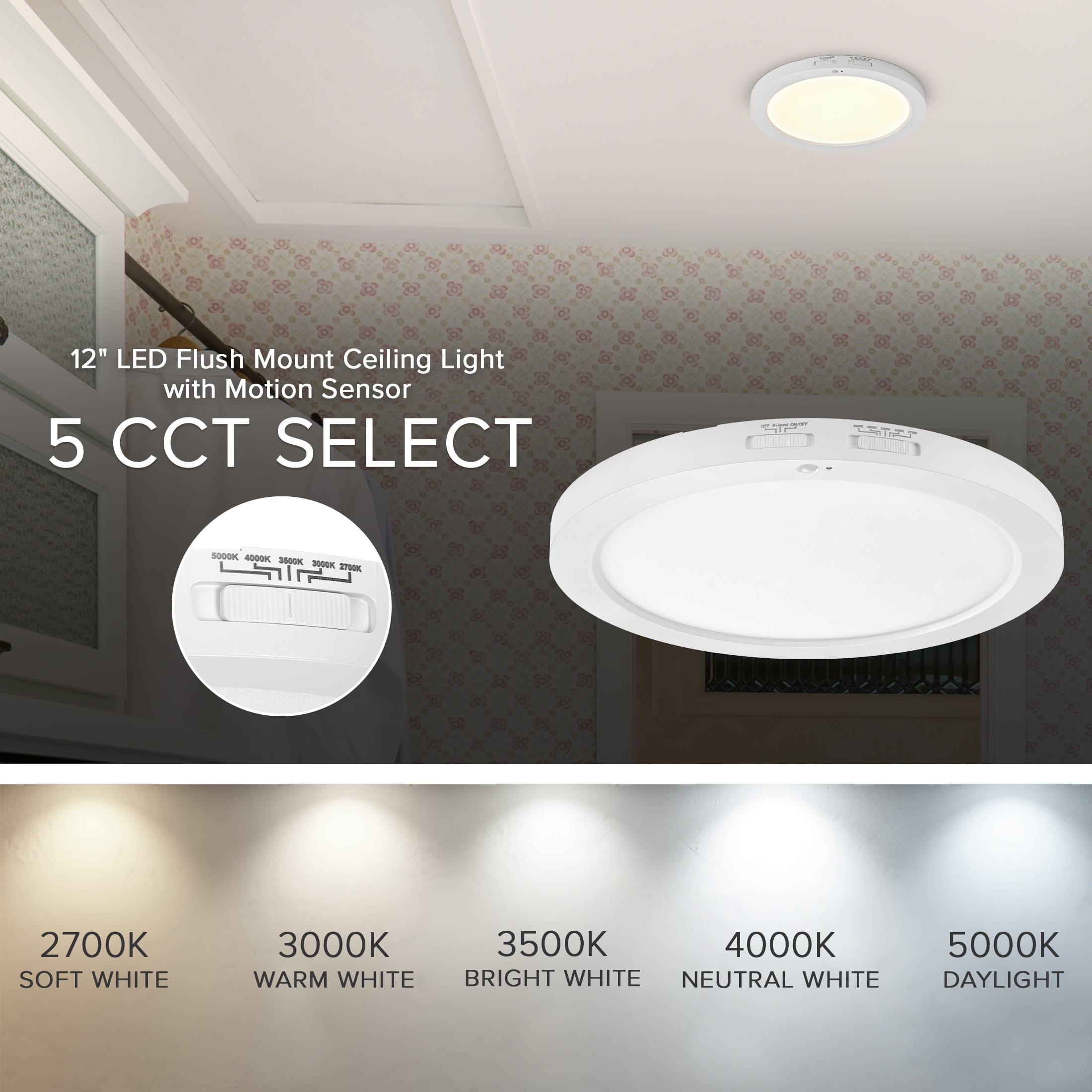 Maxxima 12 in. Round PIR Motion Sensor LED Ceiling Light Fixture, Flush Mount, 5 CCT 2700-5000K, 2000 Lumens