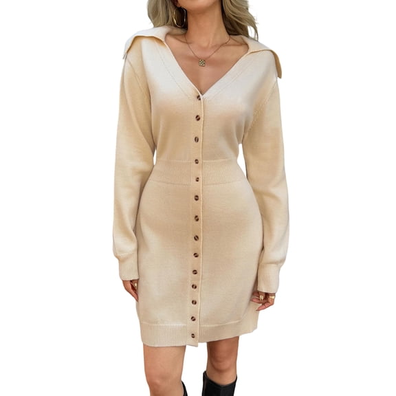 Sweater Long Sleeve Shirt Dress Casual Loose Fabric A- Line Skirt Style Streetwear for Daily Wear Beige L