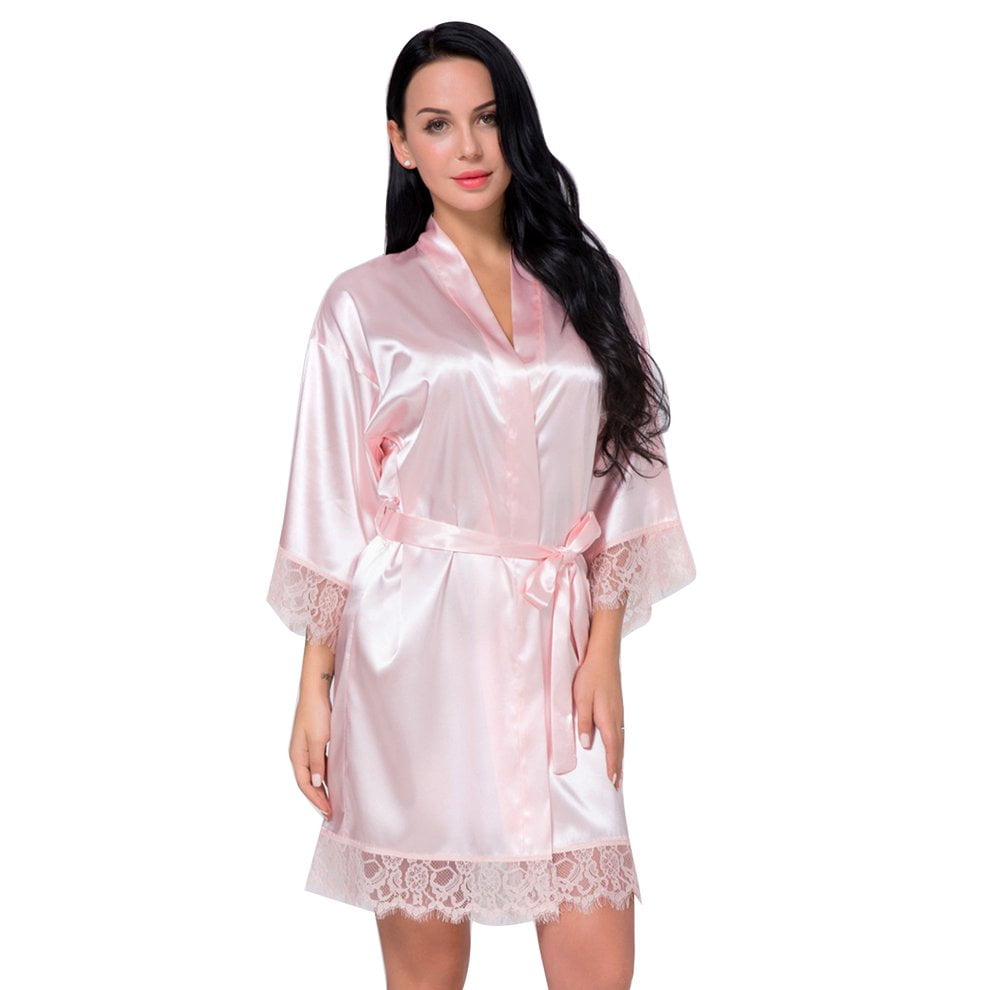 Solid Color Women Silk Satin Short Night Robe Fashionable Bath Robe ...