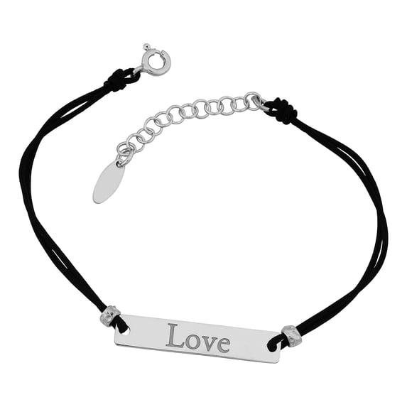 Sterling Silver Love Plate and Cord Adjustable Bracelet, 7.5"