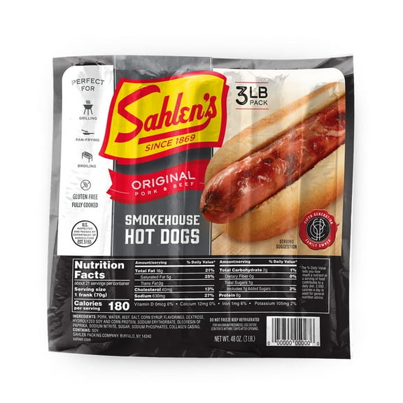 Sahlen’s Tender Casing Pork & Beef Hot Dogs, 3 lb Package, 21 Per Package