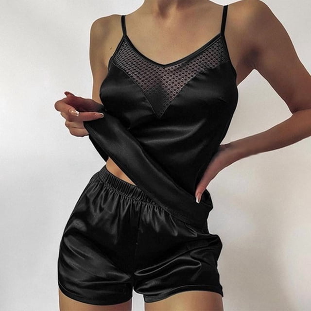 Ensemble de Pyjama pour Femmes T-shirts Shorts Roses en Forme de Cœur Col Rond T-shirt en Soie Glacée Confortable Décontracté Été