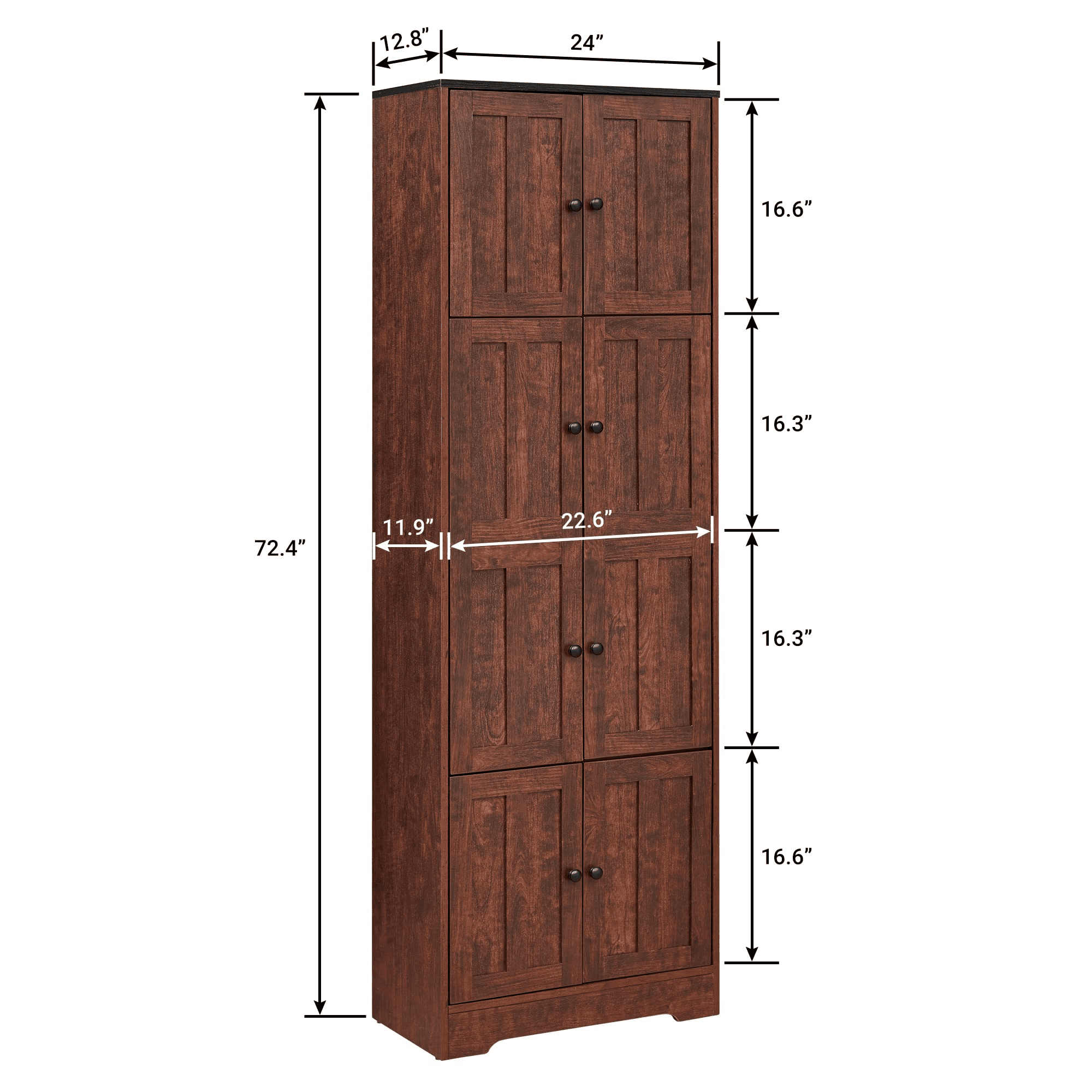 72.4"H Tall Storage Cabinet,Wood Pantry Cabinet Freestanding Storage Organizer with 8 Doors and 4 Shelves for Kitchen,Dining Room,Living Room,Walnut