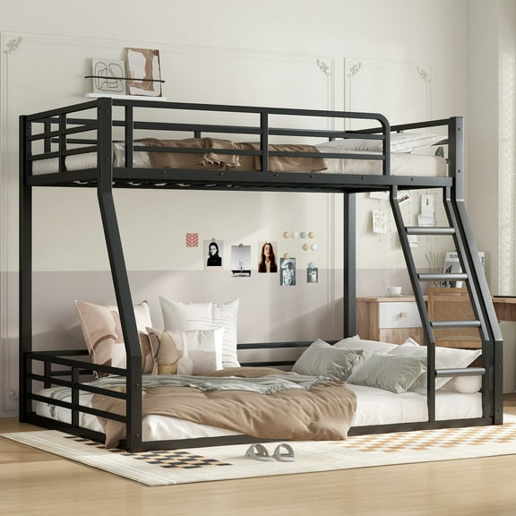 Bed Frame Metal Bunk Bed, Twin over Full Floor Bunk Bed Frame,Heavy-Duty Bunk Bed for , Teens, Adults, Noise-reduced Design, Black,Platform Bed Frame