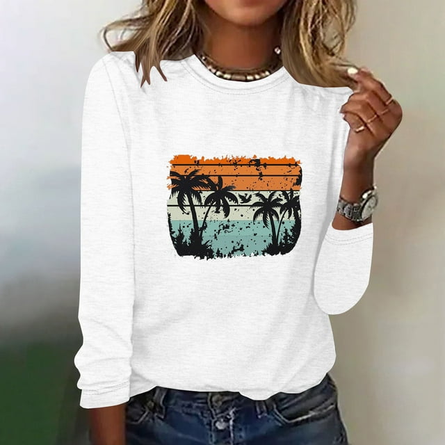 EQWLJWE Chemisiers à Manches Longues pour Femmes Grande Taille Mode T-Shirts Décontractés à Manches Longues Imprimés de Printemps à Col Rond Hauts Vêtements d'Automne pour Femmes
