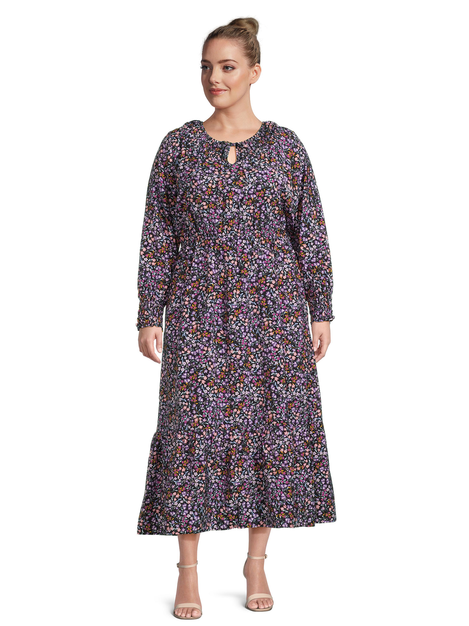 Terra & Sky Women's Plus Peasant Tiered Long Sleeve Maxi Dress, Sizes ...