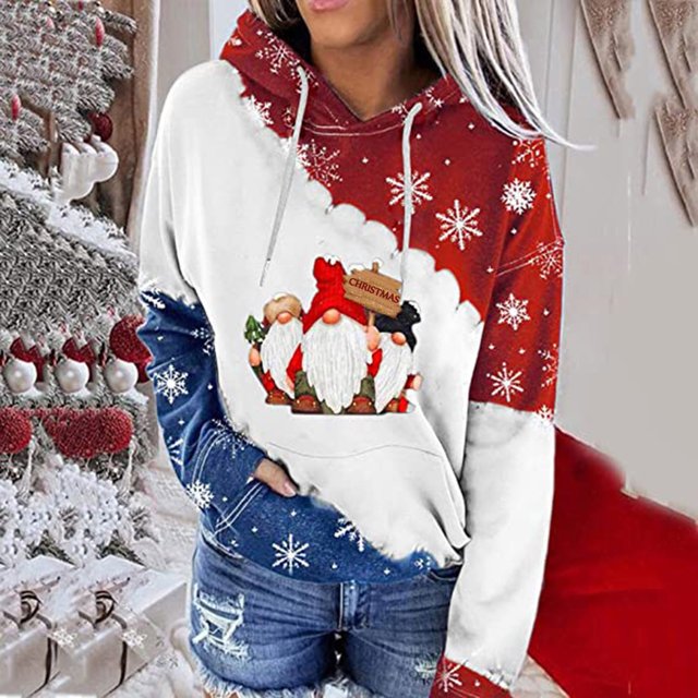 Pntutb moda mujer cuello redondo manga larga otoño camiseta Navidad impresión blusa con capucha tops Pntutb Pntutb-4959