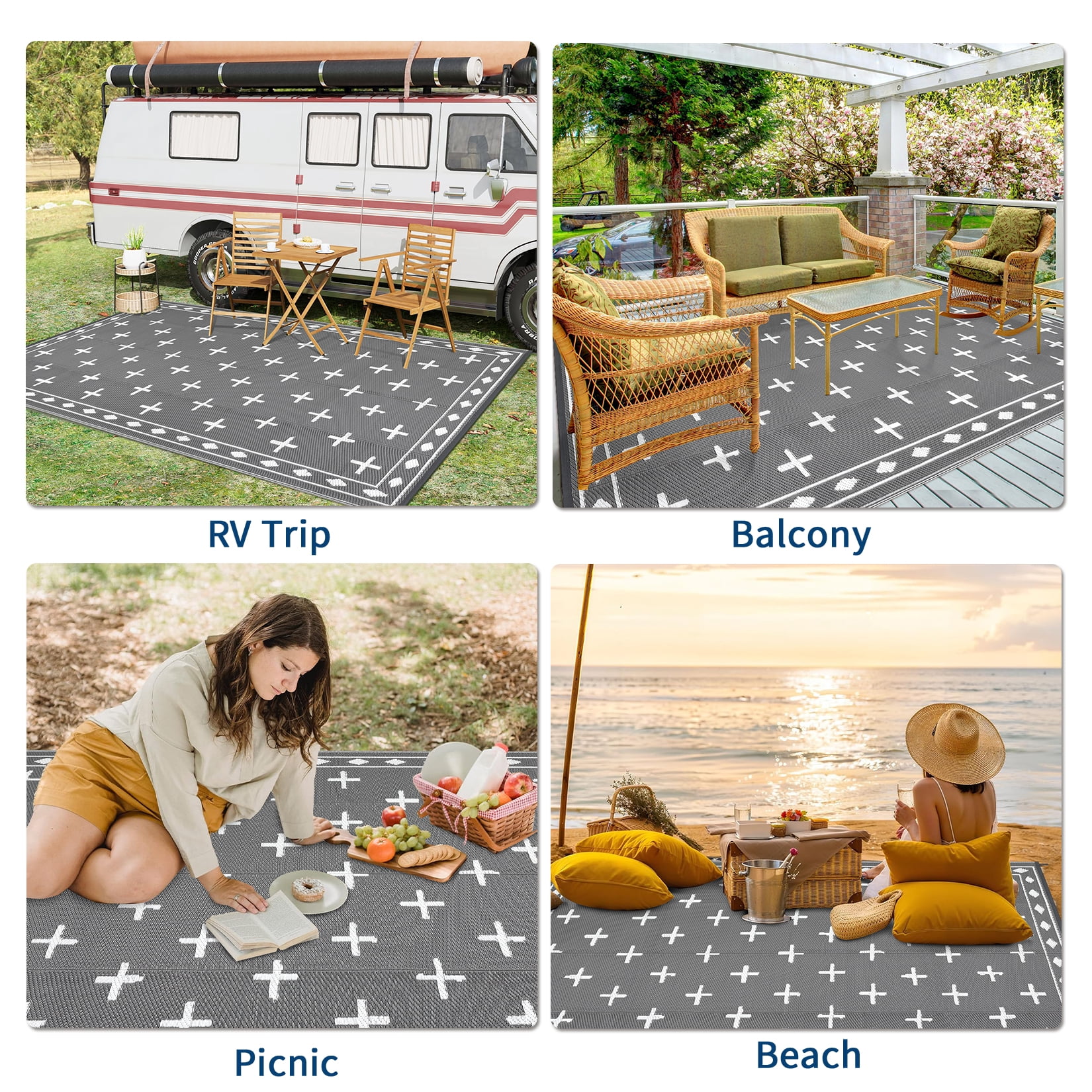 Volkmi Reversible Geometric Outdoor Rug – Waterproof, UV Resistant Low-Pile Plastic Mat for Patio, Garden, Camping, Easy to Clean, Large Area Carpet, Grayish White 9*12 ft
