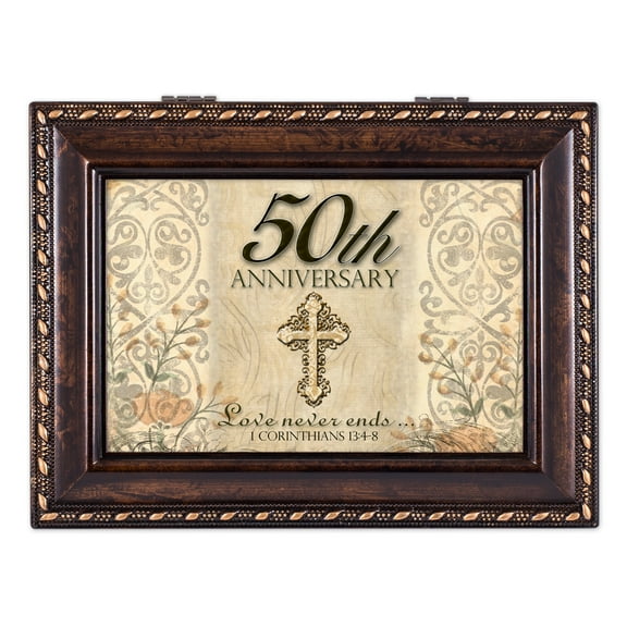 Cottage Garden 50th Anniversary Celebrate Burlwood Rope Trim Jewelry Music Box Plays Amazing Grace