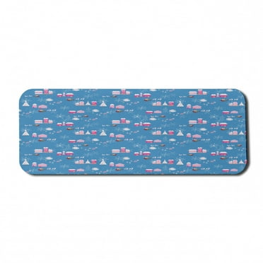 Christmas Computer Mouse Pad, Cartoonish Noel Scenery with Trees Santa Deer Buildings and Snowflakes, Rectangle Non-Slip Rubber Mousepad Large, 31" x 12", Sea Blue Multicolor, by Ambesonne