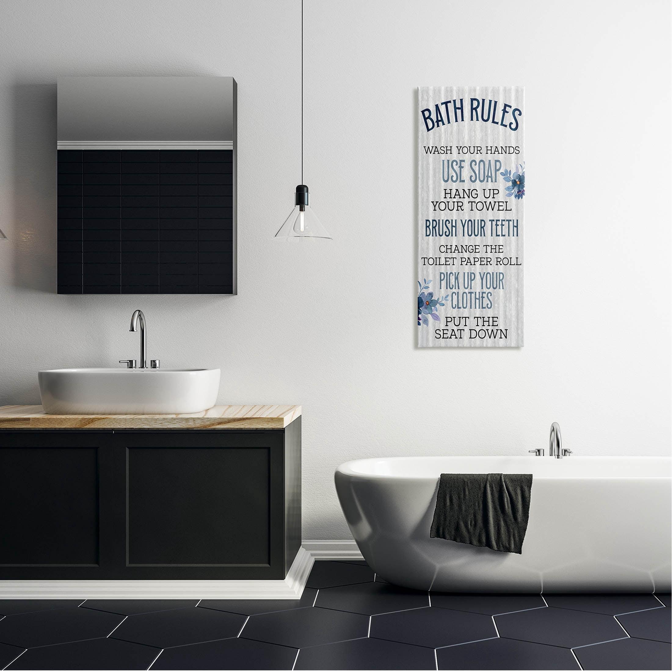 Stupell Industries Bathroom Rules Striped Floral List Graphic Art Gallery Wrapped Canvas Print Wall Art, Design by Kim Allen