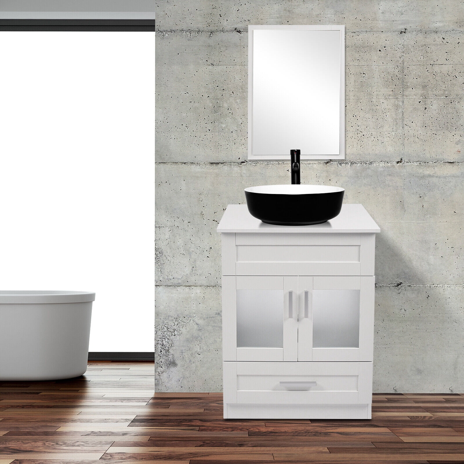 ELECWISH 24" Vanity Bathroom Cabinet with Mirror and Vessel Sink Bowl Faucet Combo Set