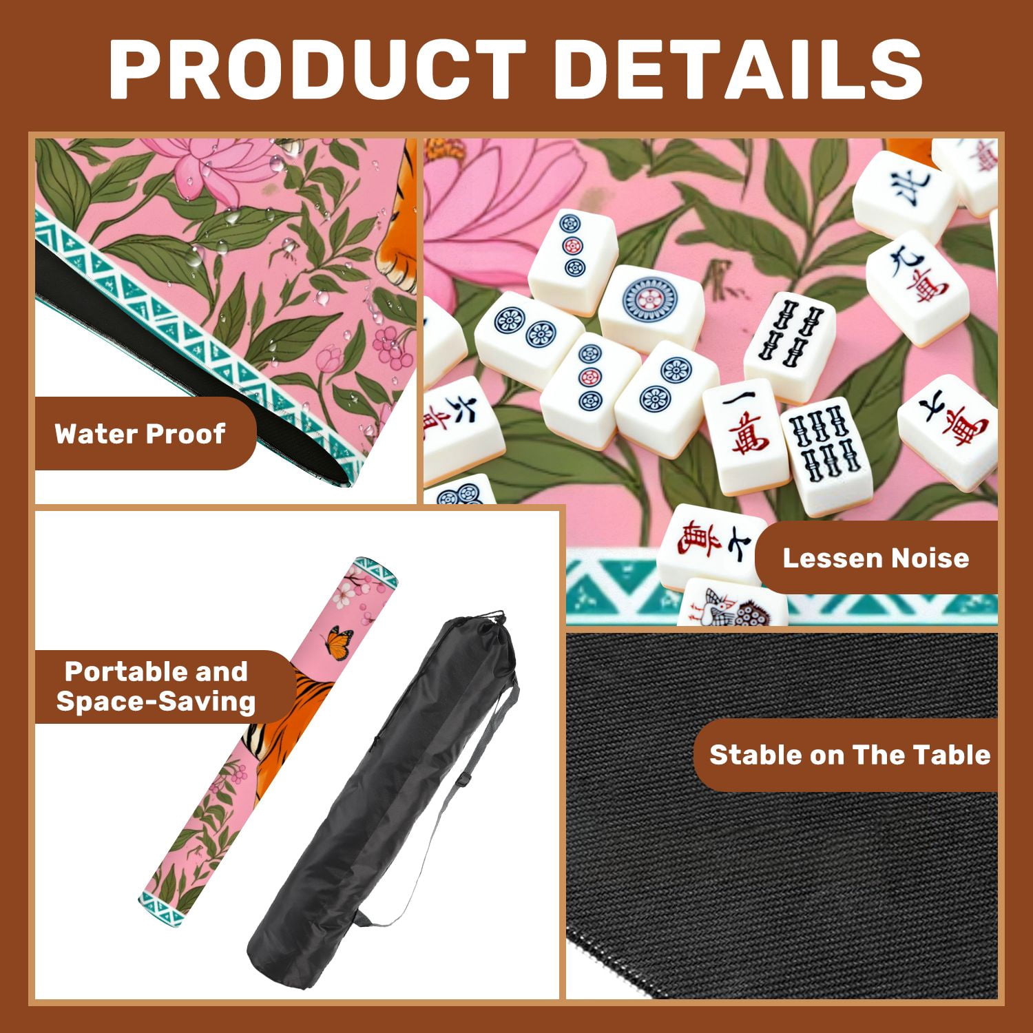 Mahjong Mat 31.5" x 31.5" Tiger Pink Floral Garden Birds Butterfly Decorative Oriental Style Non-Slip Noise Reduction American Mahjong Tiles Table Cover for Dominoes Poker Card Board Games Gift