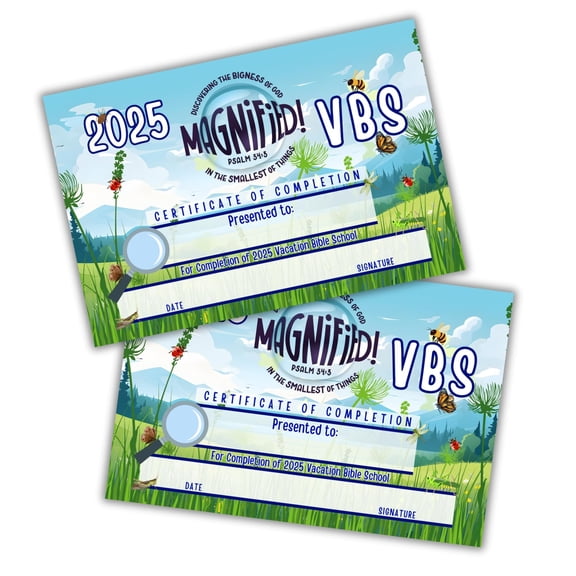 2025 VBS Certificate of Completion Magnified 50pk 9x6 Vacation Bible School Award Participation Lifeway Psalms Glass Discovering the Bigness of God
