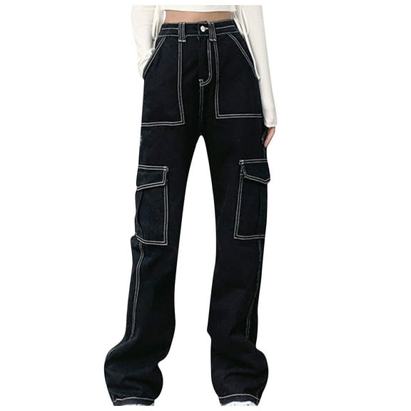 Spring Autumn Denim Pants For Women Loose High Waist Solid Color Black Wash Cargo Trousers Pantalones