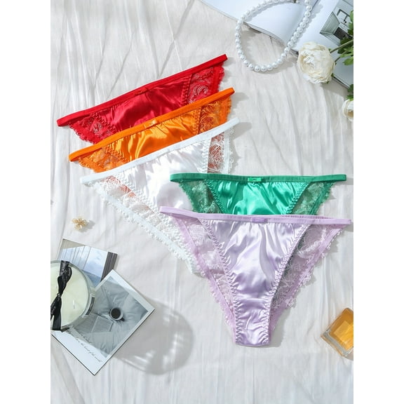 5 Pack Women Satin Lace Panties Sexy Underwear Soft G-String Thongs Cheeky Lingerie Bikini Tanga Briefs