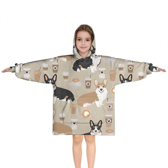 Cartoon Corgi and Coffee Blanket Hoodies for Kids 6-13YR Oversize Wearable Blanket Hoodies for Boys Girls Teens