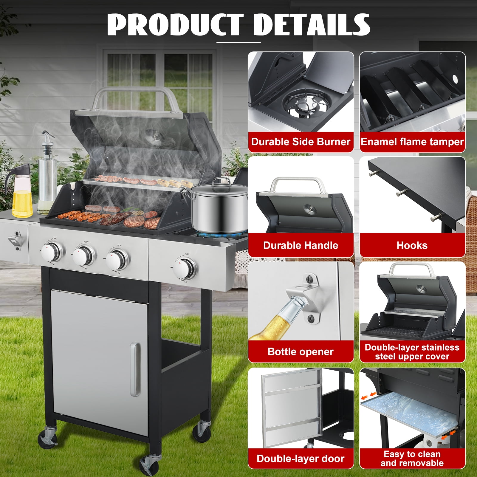 Nice Cooker 3-Burner Propane Gas Grill with Side Burner, Cast Iron Grates, Double Layer Lid