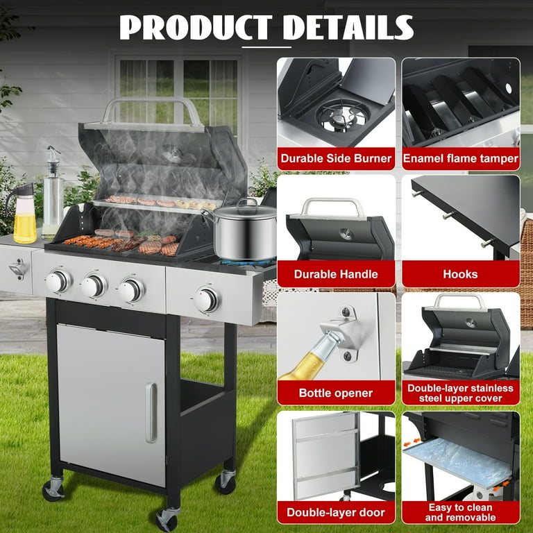 Nice Cooker, 3-Burner Propane Gas Grill with Side Burner, 37000