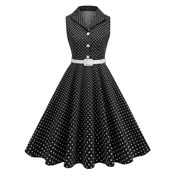 RYRJJ Women 50s 60s Vintage Sleeveless Cocktail Swing Dress 1950s Polka Dot Audrey Rockabilly Prom Party Dress with Belt(Black,M)