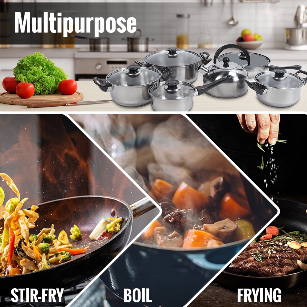 12 Piece Non-Stick Cookware Set, Easy Clean Stainless Steel Non Stick Pots and Pans with Tea Kettle, Black Handle