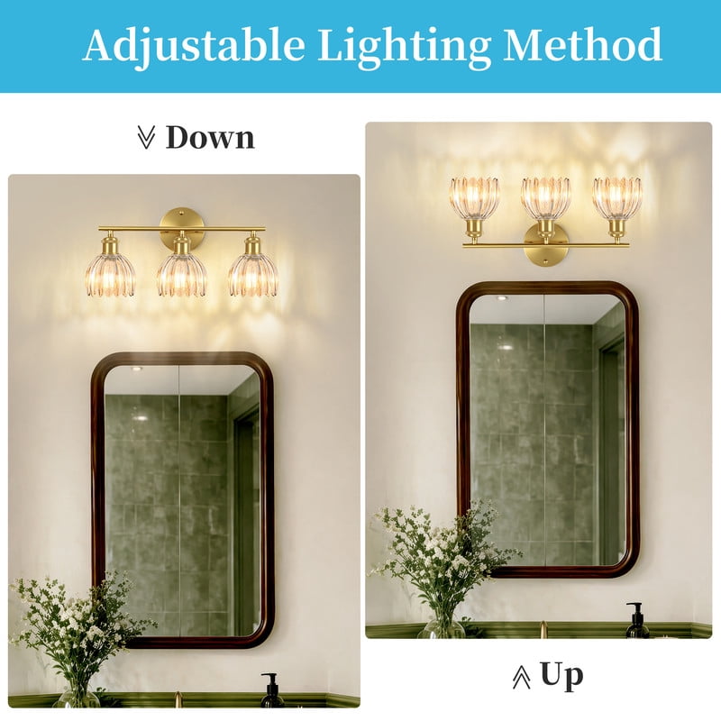 HKMGT 3-Light Gold Vanity Light with Amber Ribbed Glass, Reversible Mounting, E26 Base Wall Sconce for Bathroom & Hallway