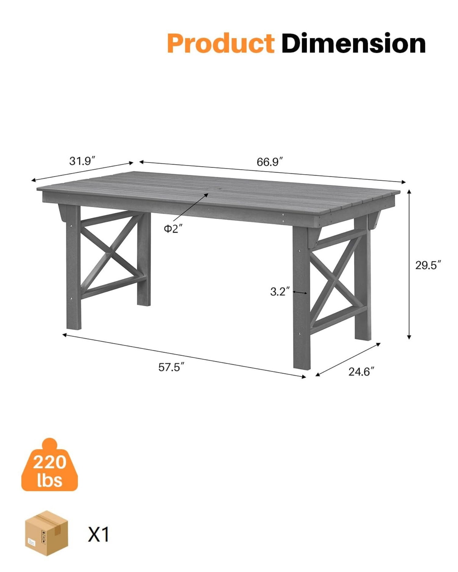 HDPE Outdoor Dining Table for 6, 66.9" Rectangular Patio Dining Table with 2.2" Umbrella Hole, All-Weather Outdoor Table for Backyard, Deck, Garden, Poolside, Smoke Gray