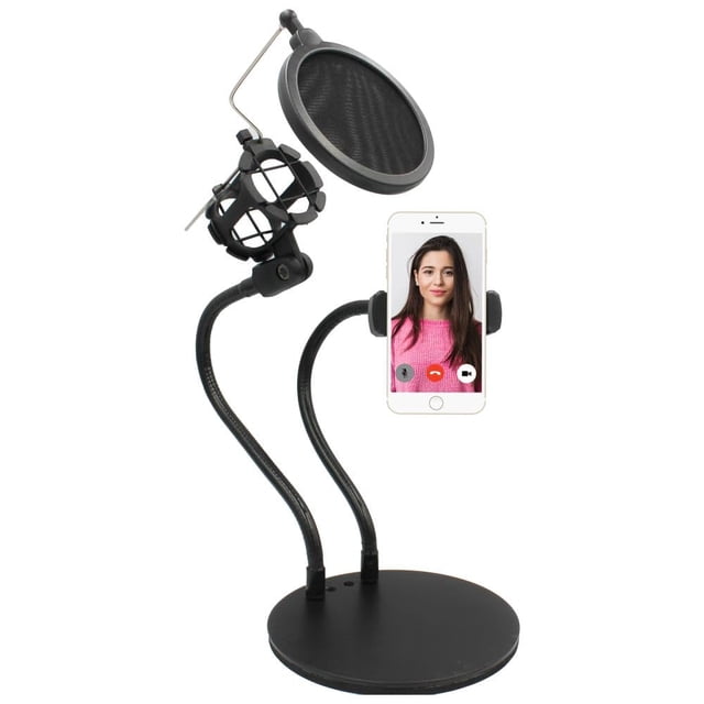Soporte para teléfono con cuello de cisne 2 en 1 con soporte para micrófono y filtro antipop