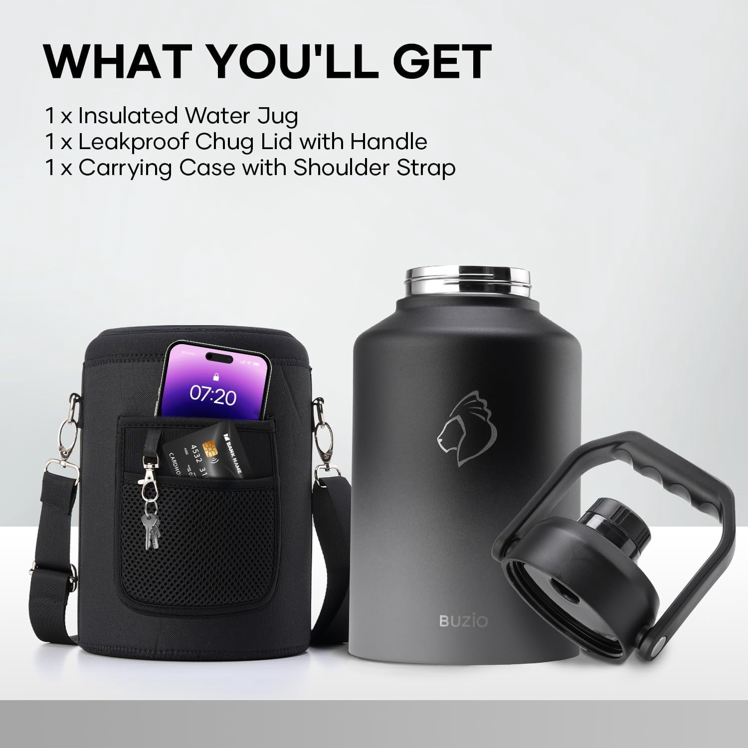 BUZIO 128oz One Gallon Insulated Large Stainless Steel Big Wide Mouth Water Jug Flask Water Bottle with Carrying Sleeve,Black Gray