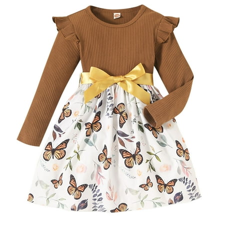 

YDOJG Dresses for Girls Long Sleeve Bowknot Butterfly Prints Ruffles Dress Dance Party Dresses Clothes Brown 18-24 Months